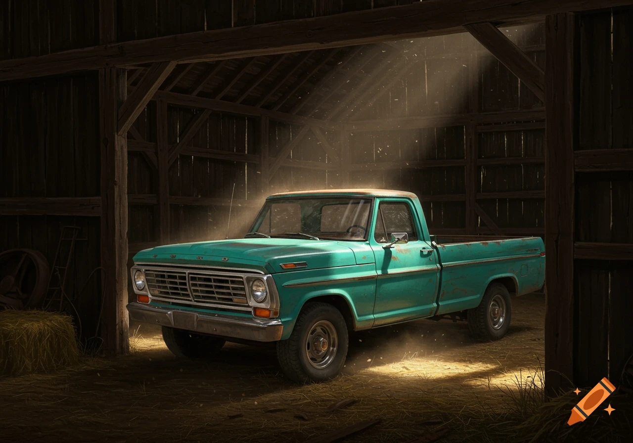 A teal 70s pickup truck sits in a rustic barn, illuminated by dusty sunbeams filtering through the ceiling.