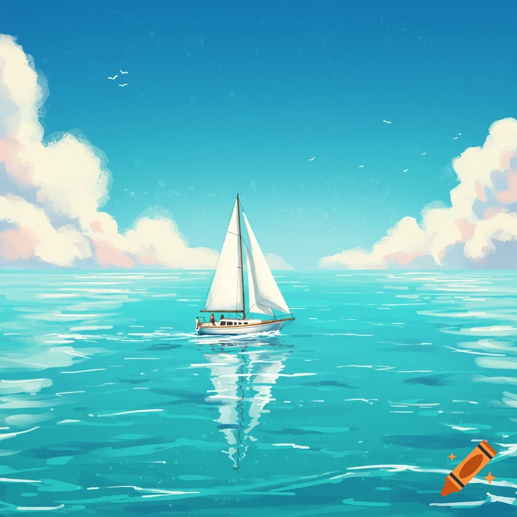 An illustrated sailboat glides across a tranquil blue ocean under a bright sky with fluffy white clouds.