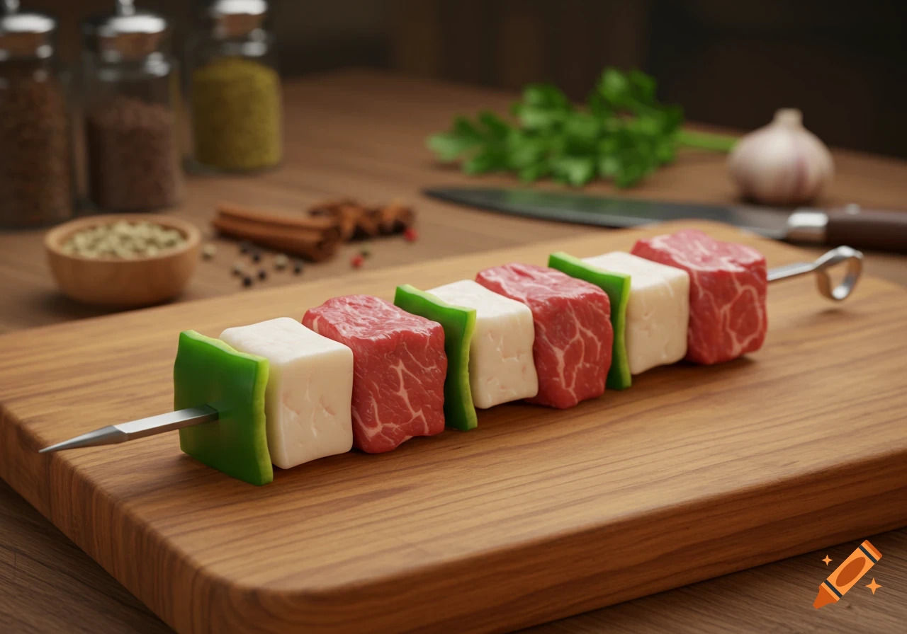 A photorealistic image of a raw shish kebab skewer with green bell pepper, white fat, and red meat cubes on a wooden cutting board.