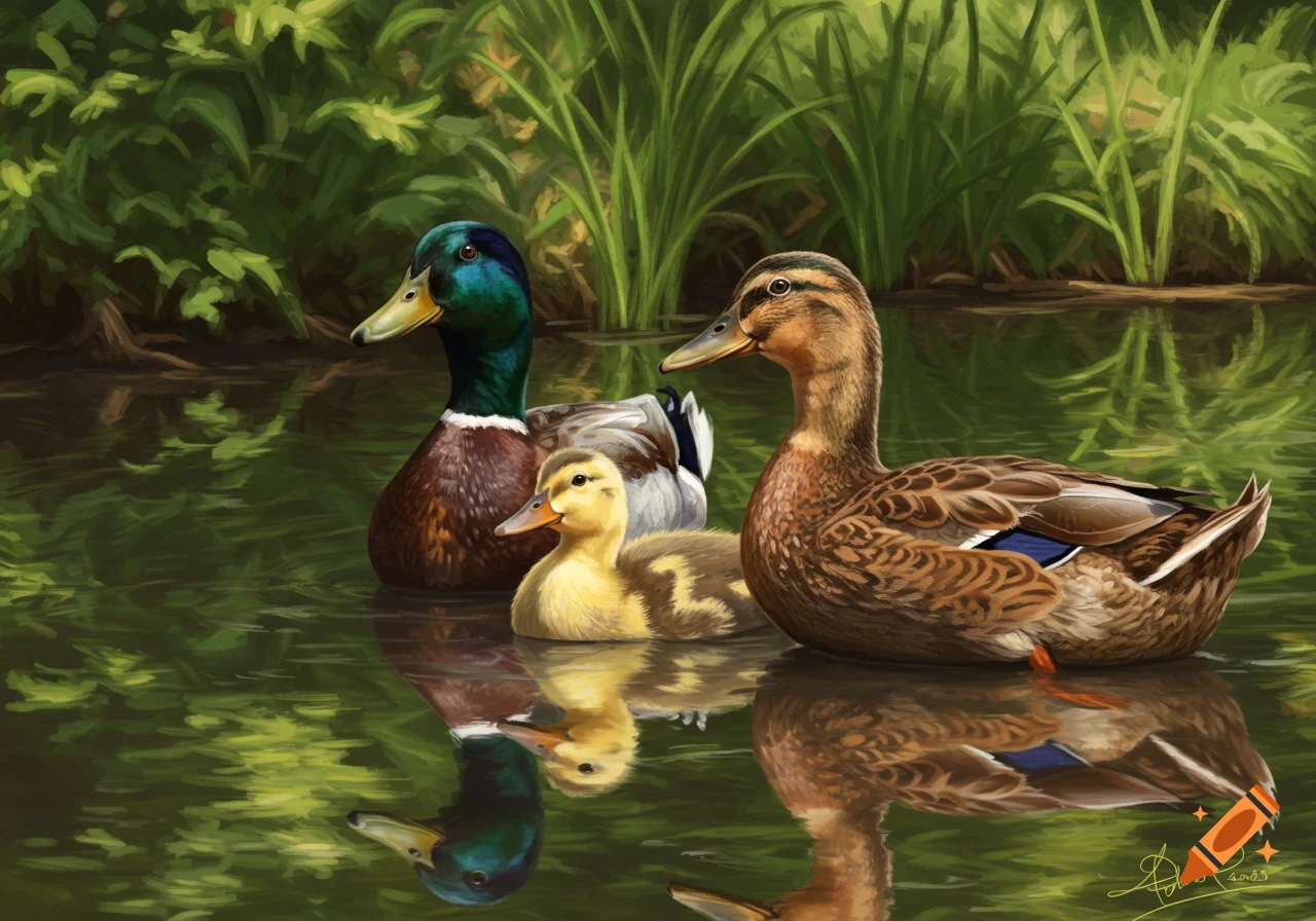 A mallard drake, a female duck, and a duckling swim in green water with reflections amidst lush foliage, painted realistically.