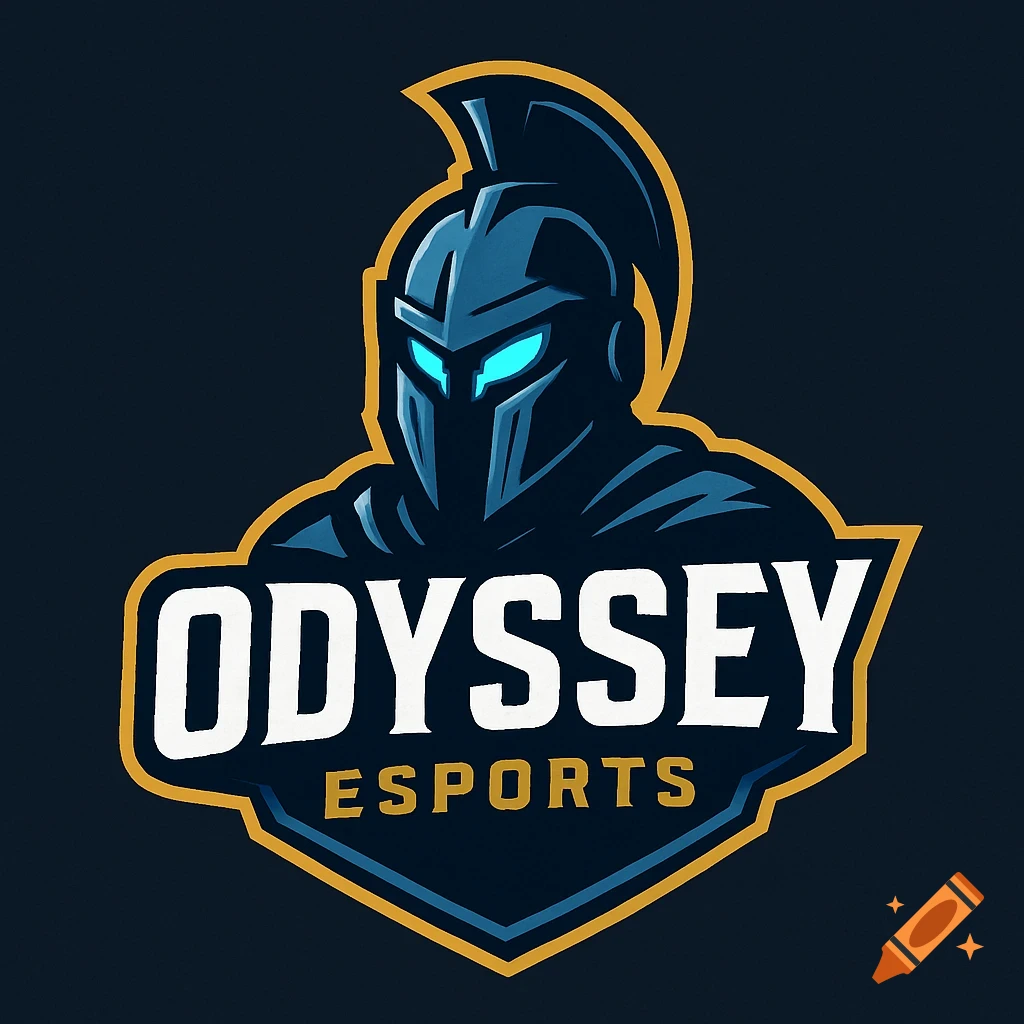 Esports logo with a stylized blue Spartan helmet, text 'ODYSSEY ESPORTS' on a shield emblem.