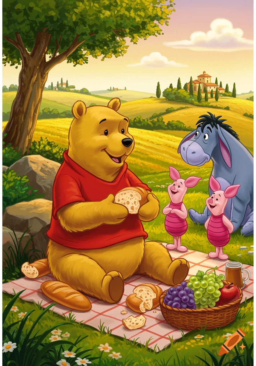 Winnie the Pooh, Piglet, and Eeyore enjoying a picnic with bread and fruit in a sunny, rolling Italian landscape with a villa.