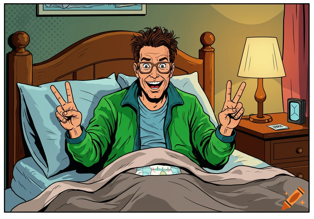 A smiling man in glasses and a green jacket in bed makes peace signs, wearing a diaper, in a pop art style.