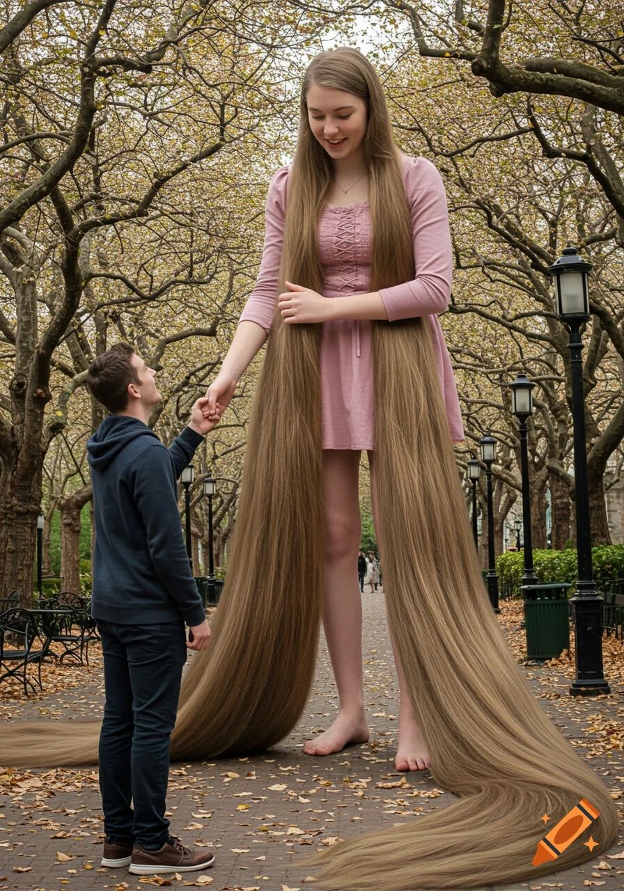 A giantess with extremely long brown hair, wearing a pink dress, smiles down at her normal-sized boyfriend as they hold hands in an autumn park.