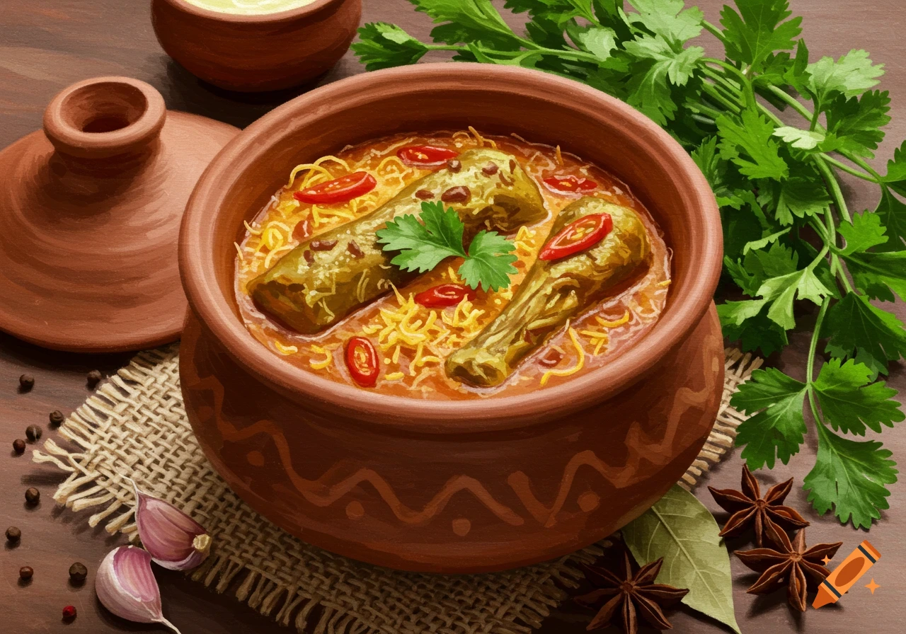 A rustic clay pot filled with a golden chicken and noodle stew, garnished with red chilies and fresh cilantro, on a burlap mat surrounded by garlic, peppercorns, and star anise, depicted in a painterly style.