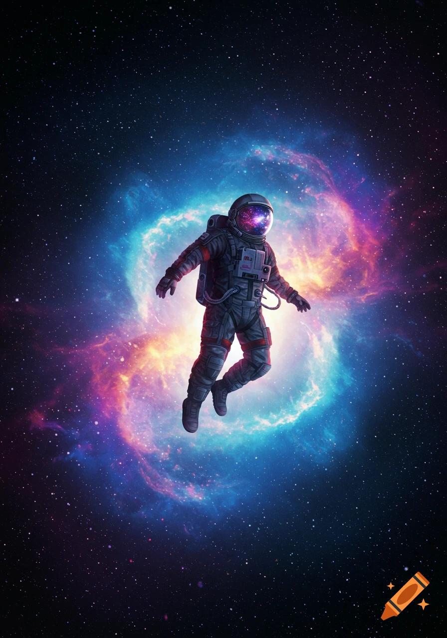An astronaut floats in a vibrant cosmic nebula filled with stars.