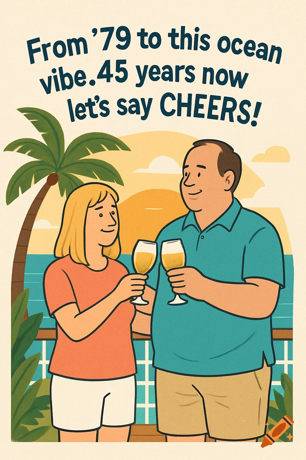 Cartoon illustration of a man and woman toasting glasses on a balcony overlooking the ocean. Text reads "From '79 to this ocean vibe. 45 years now let's say CHEERS!" Palm trees and a sunset are in the background.