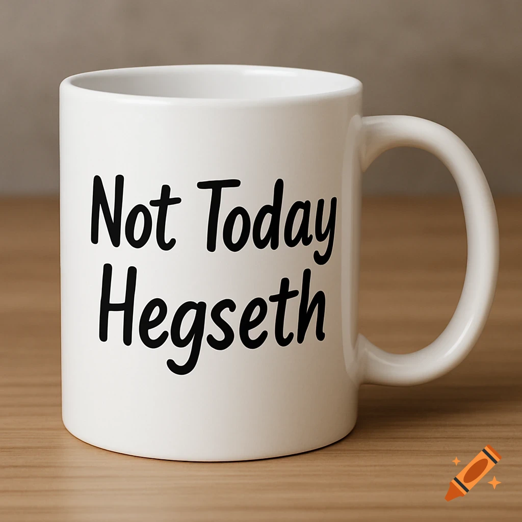 A white ceramic mug with 'Not Today Hegseth' written in black script on its side, sitting on a wooden surface.