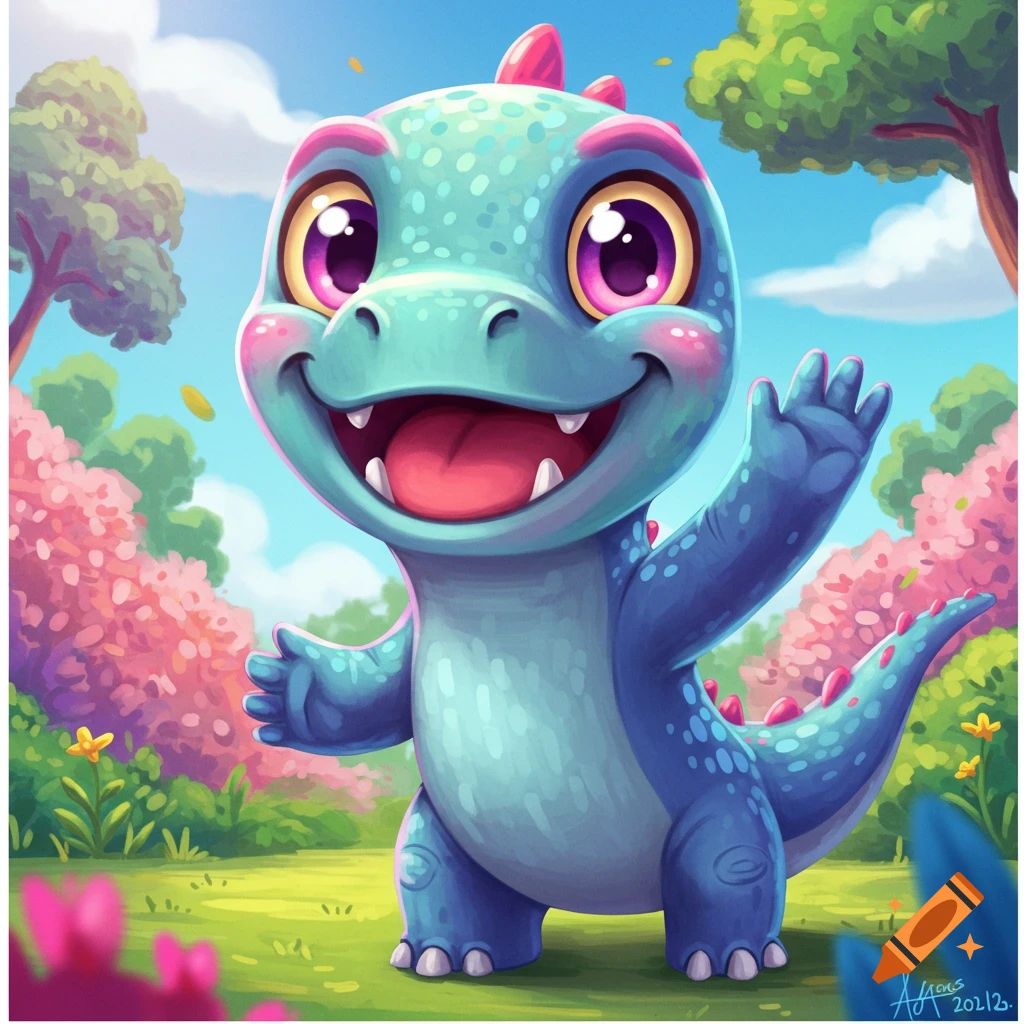 A cute, friendly, bright blue cartoon dinosaur with big purple eyes smiles and waves in a lush, colorful forest.