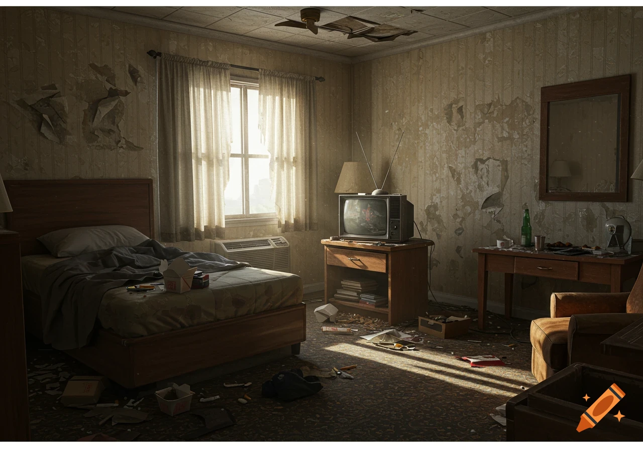 A photorealistic image of a dirty, abandoned motel room with peeling wallpaper, a messy bed, and scattered trash on the floor.