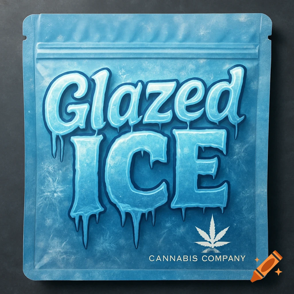 A close-up of a light blue Mylar bag with "Glazed ICE" in a stylized, icy font and a cannabis leaf logo, and the words "CANNABIS COMPANY" below it.
