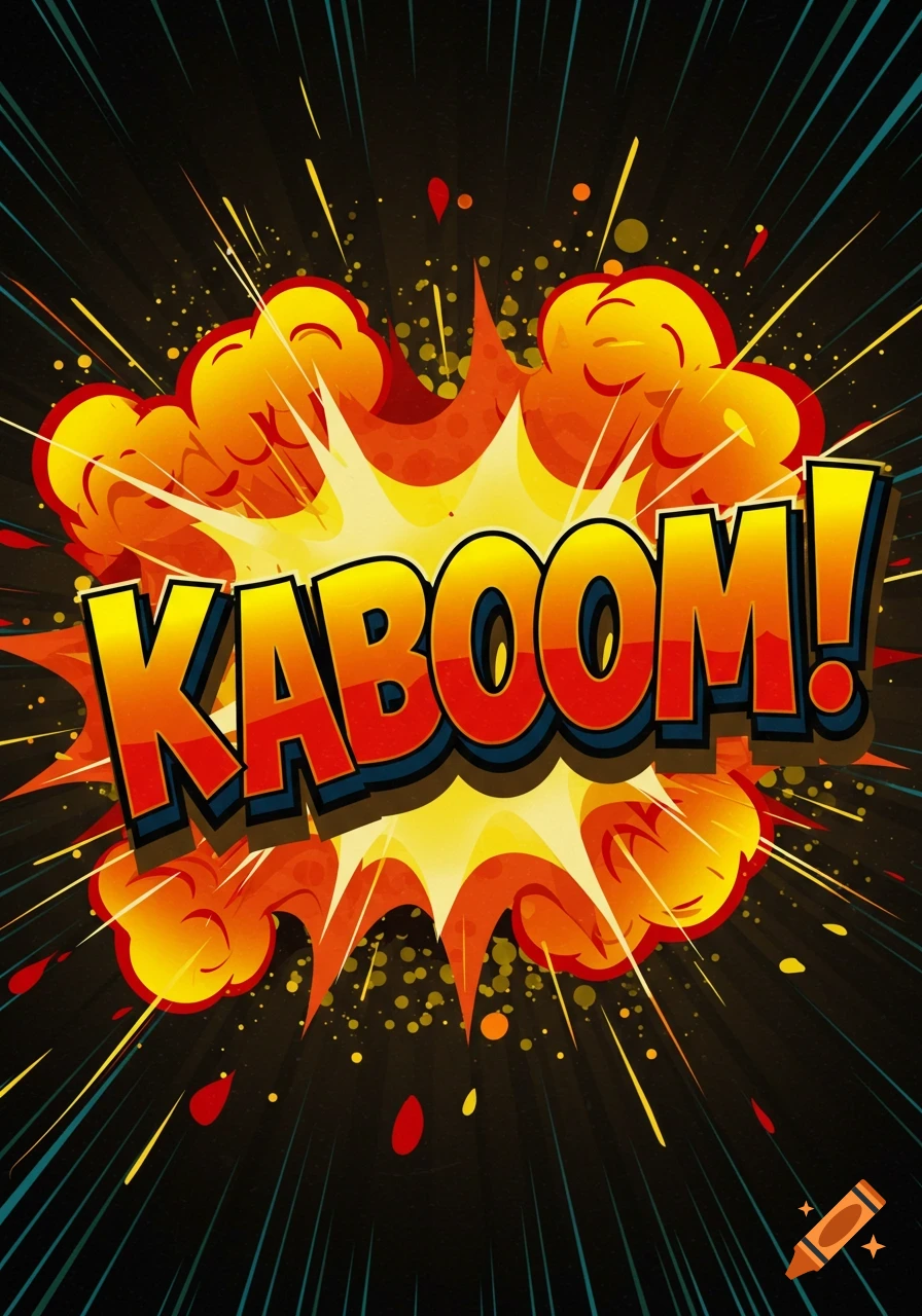 A vibrant comic book style explosion with the word "KABOOM!" in bold yellow and red letters, surrounded by orange smoke, radiating lines, and sparks on a dark background.