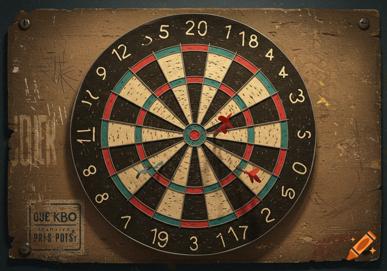 A rustic dartboard with red and blue darts stuck in it, mounted on a textured wooden plank.