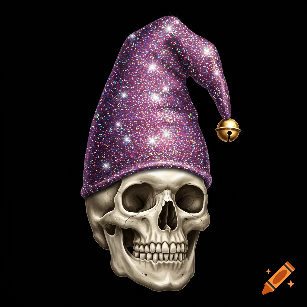 A detailed skull wearing a sparkly purple jester hat with a golden bell on a black background.