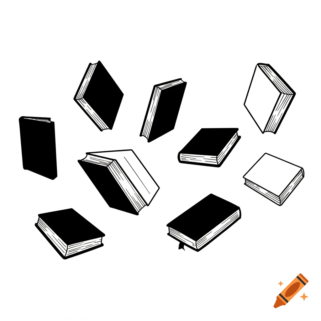 Black and white clipart silhouette of multiple books floating in the air against a white background.