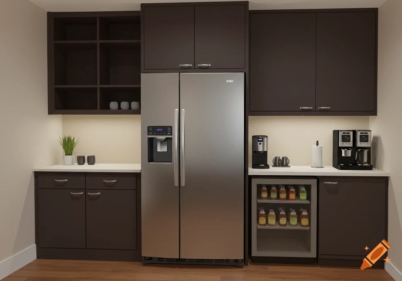 A modern kitchen area with dark brown cabinets, a large stainless steel refrigerator, a coffee bar, and a mini-fridge filled with drinks.