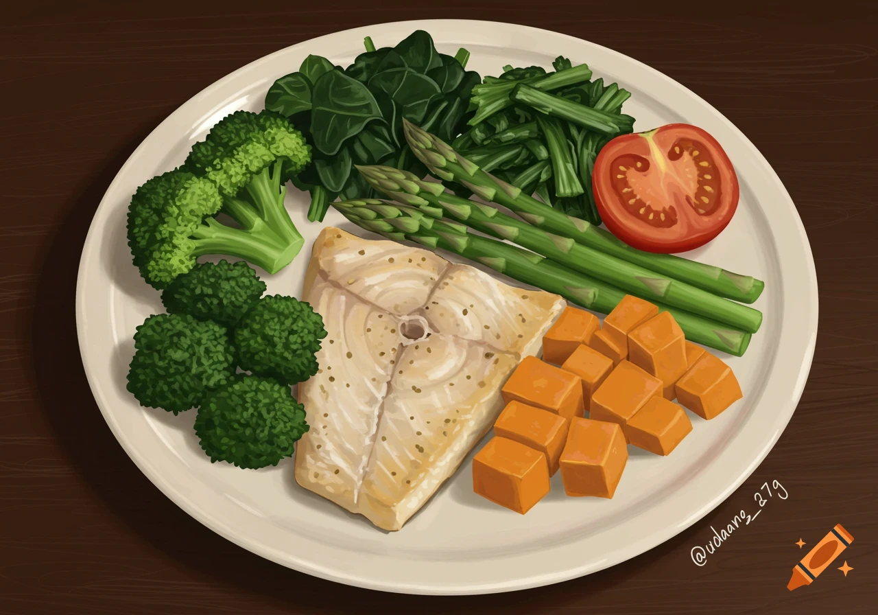 A healthy meal on a white plate featuring a fish fillet, broccoli, spinach, asparagus, sliced tomato, and diced sweet potato in a painterly style.