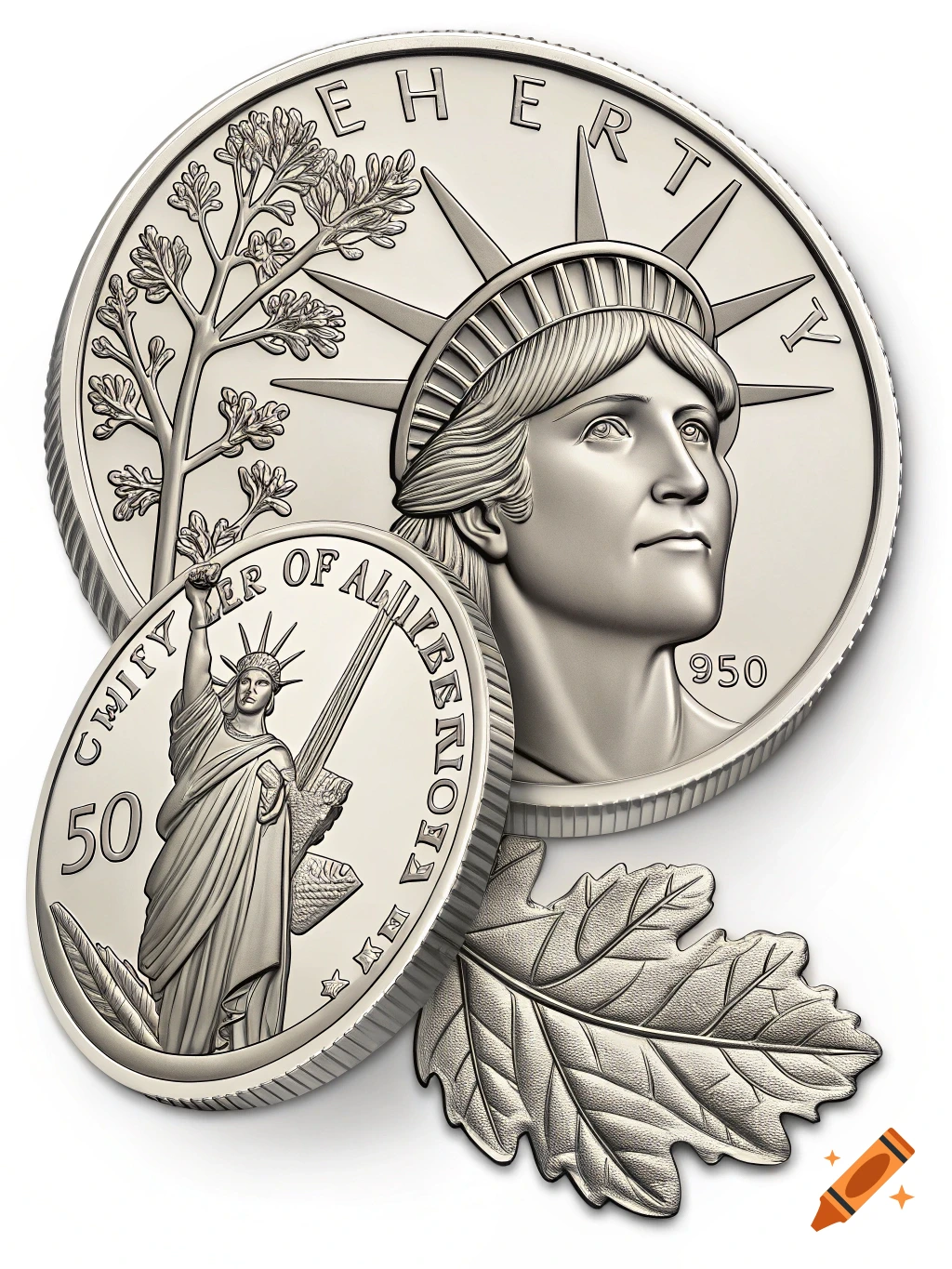 Close-up of two silver coins, one large and one smaller overlapping it, featuring Lady Liberty designs. A silver leaf is at the bottom.