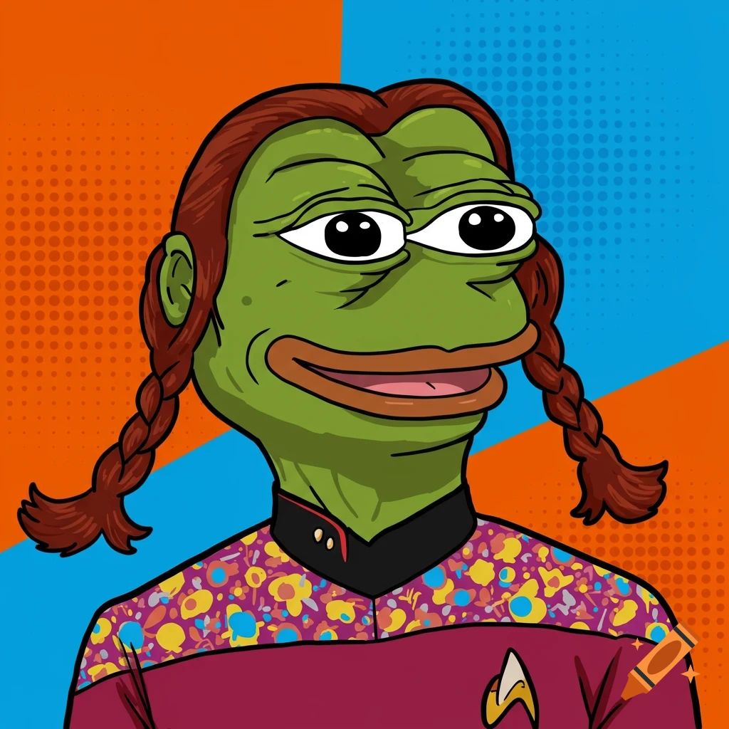A cartoon of Pepe the frog with braided pigtails, wearing a Star Trek uniform, against a two-tone orange and blue pop art background with halftone dots.