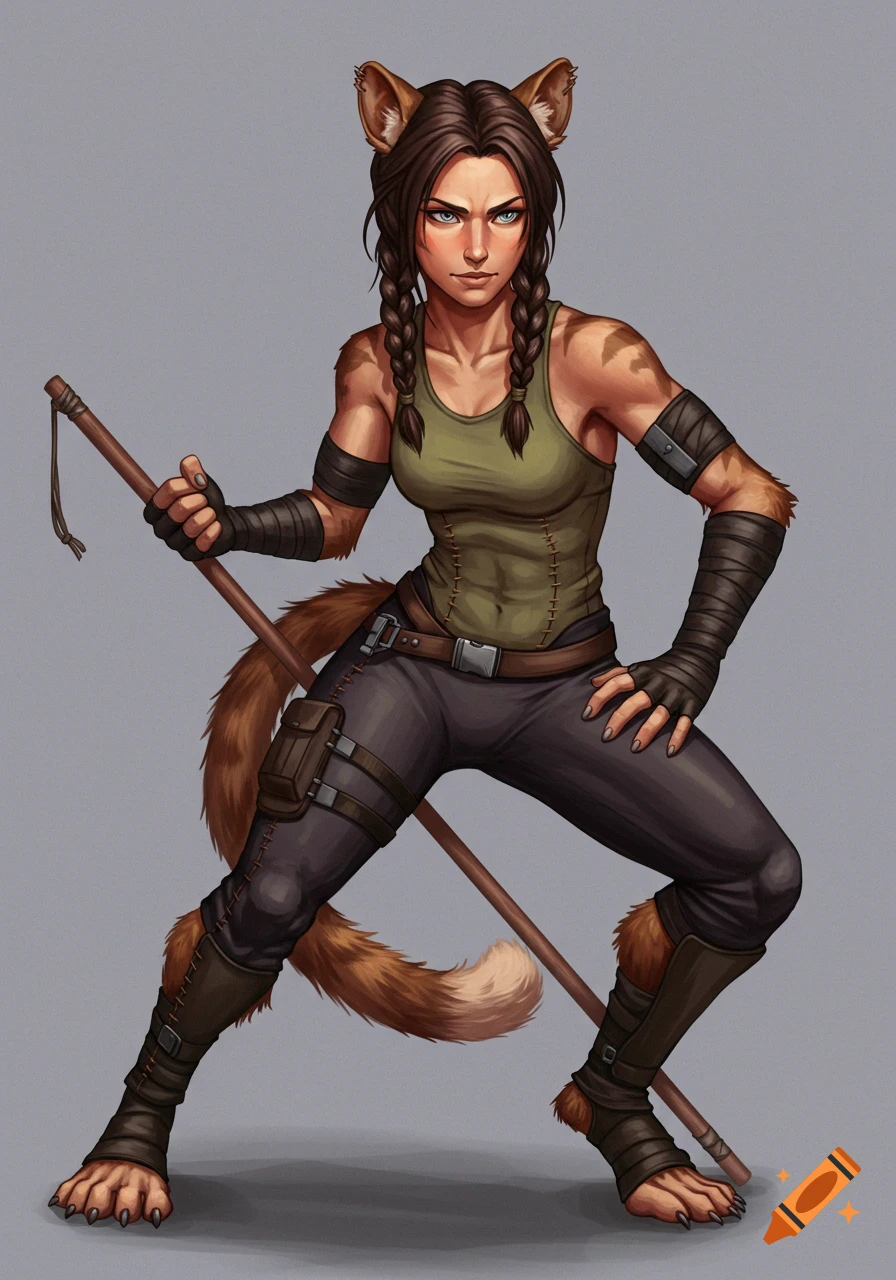 A female cat-humanoid character in a dynamic pose, holding a staff, wearing combat attire. Digital painting.
