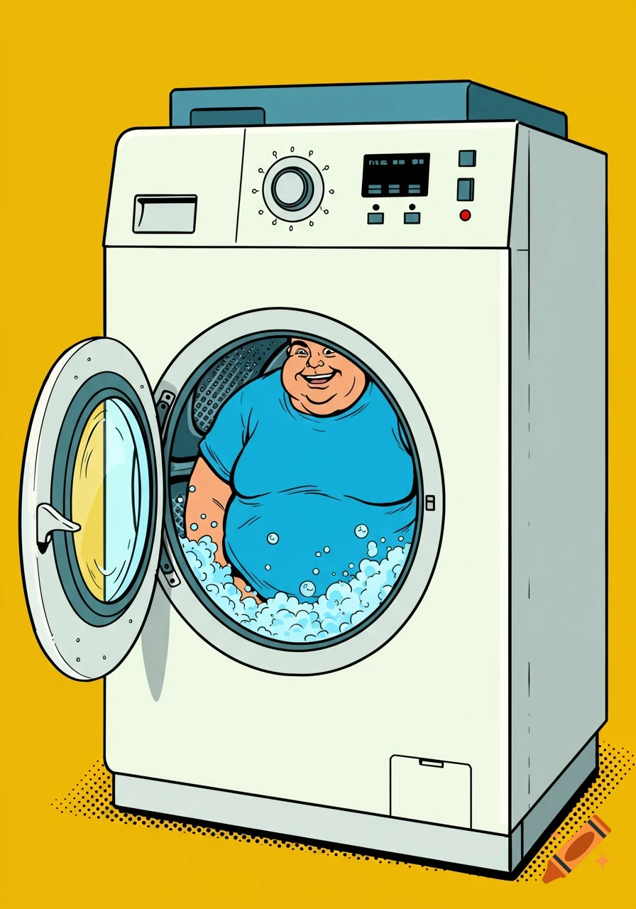 A man in a blue shirt is smiling and sitting inside a washing machine with soap bubbles, depicted in a pop art style.