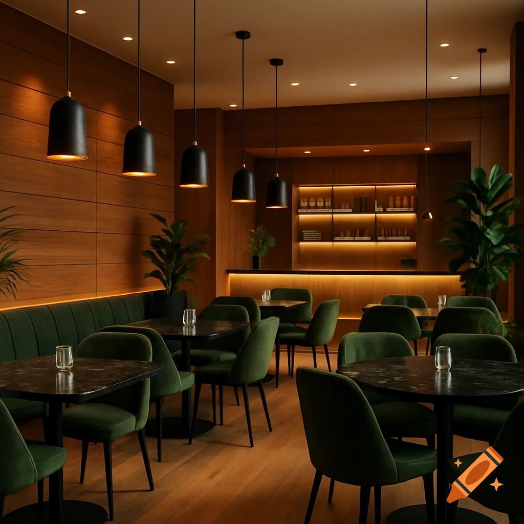 Modern restaurant interior with warm wooden walls, olive green velvet chairs, black marble tables, and pendant lighting.