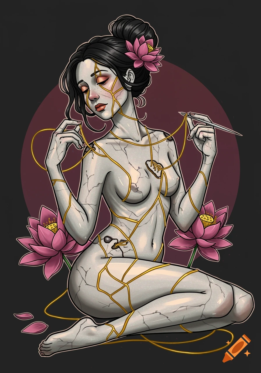 A neo-traditional illustration of a seated woman with cracked, porcelain-like skin, mending herself with golden threads. Pink lotus flowers bloom around her.
