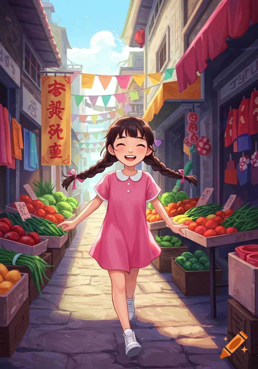 A happy anime-style girl with pigtails and a pink dress walks down a bustling market street filled with fruit and vegetable stalls under a bright sky.