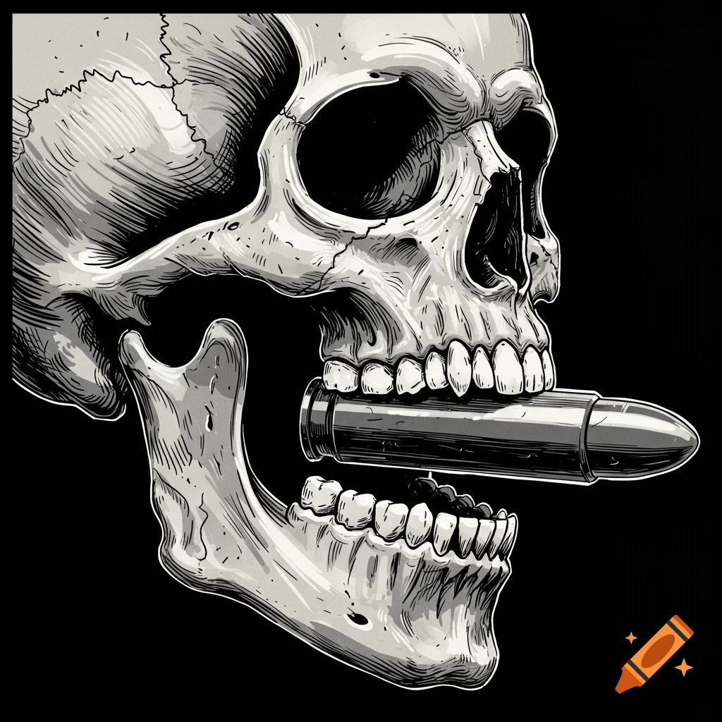 An ink illustration of a white skeleton skull biting a large bullet on a black background.