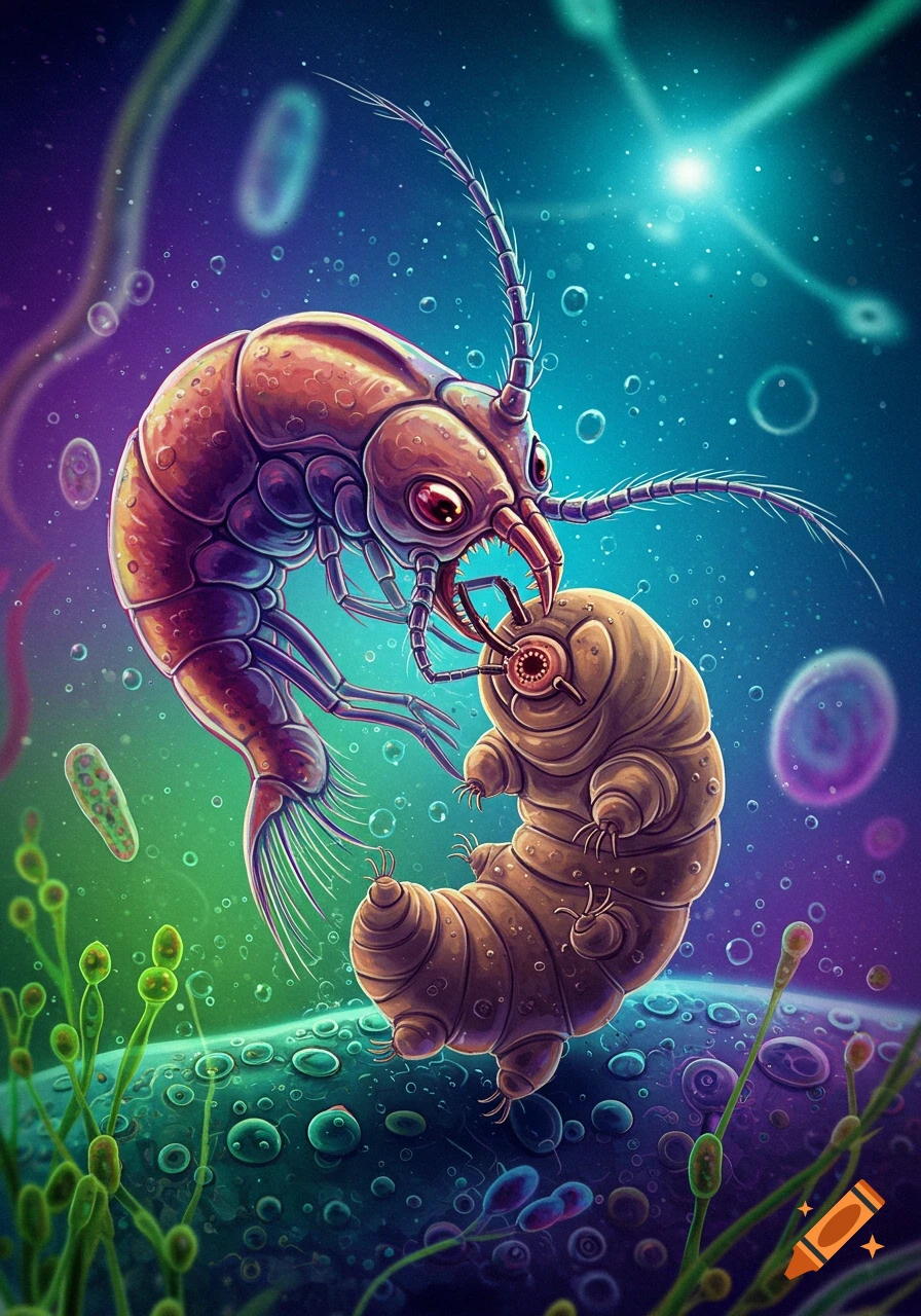 A large, reddish rotifer with sharp teeth confronts a brown, segmented tardigrade in a vibrant, stylized microscopic world.