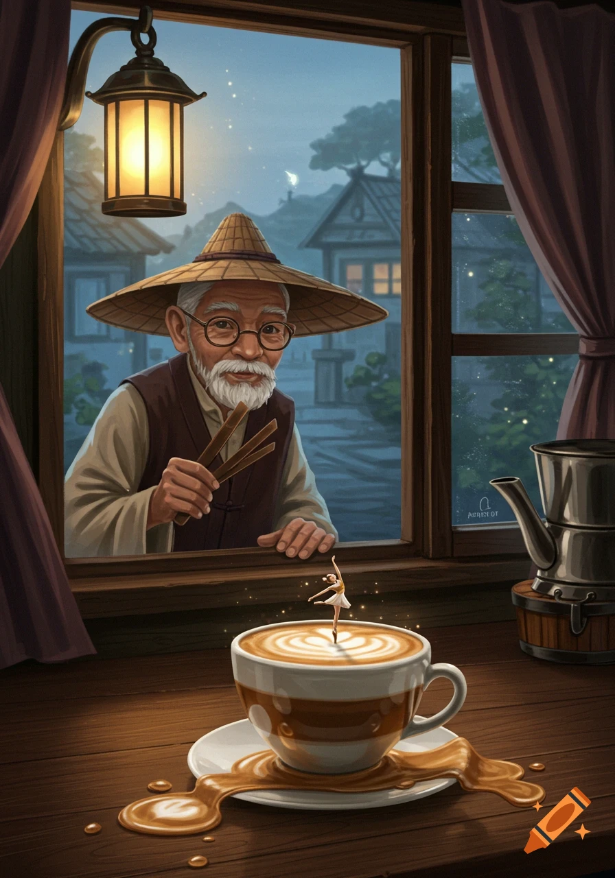 An old man in a straw hat peeks into a dimly lit coffee shop, watching a tiny milk ballerina dance in a spilled cappuccino cup.