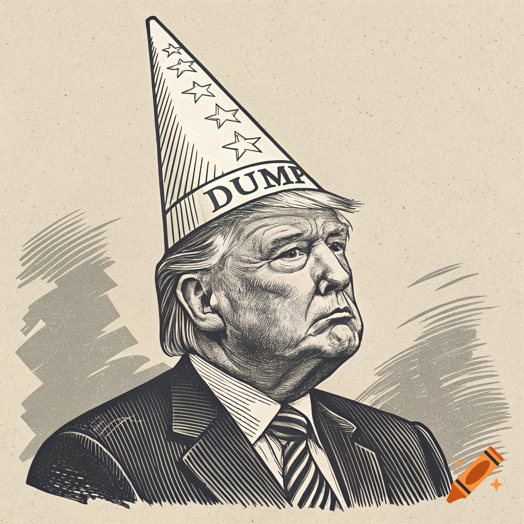 Woodcut illustration of Donald Trump wearing a dunce cap with the word 'DUMP' on it.