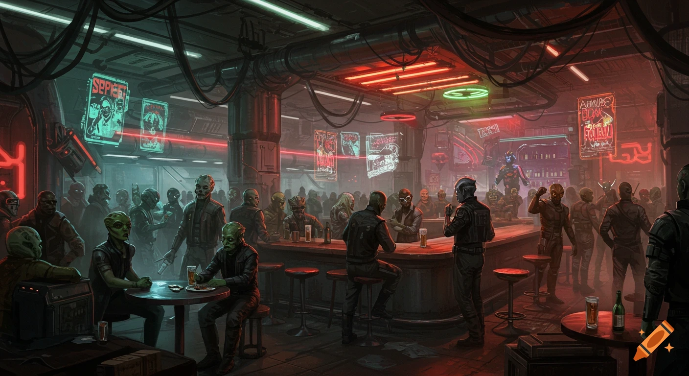 A crowded sci-fi bar in the lower levels of a city, with various alien species socializing under neon lights.