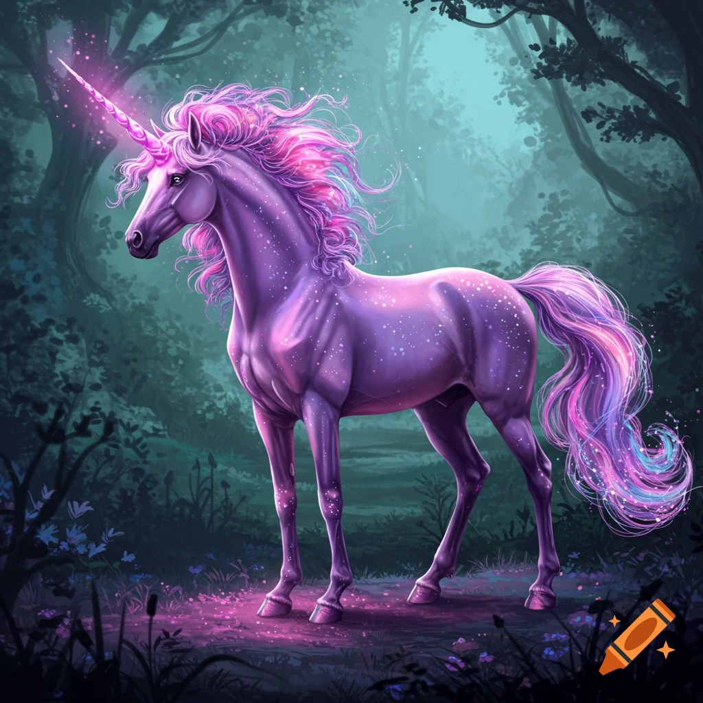A purple unicorn with glowing pink mane and tail stands in a dark, magical forest with a glowing horn.