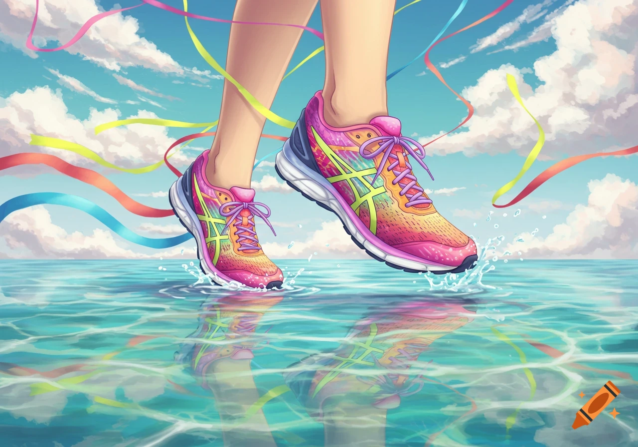 Illustration of feet in colorful pink and orange running shoes stepping on blue water, with ribbons floating under a cloudy sky.