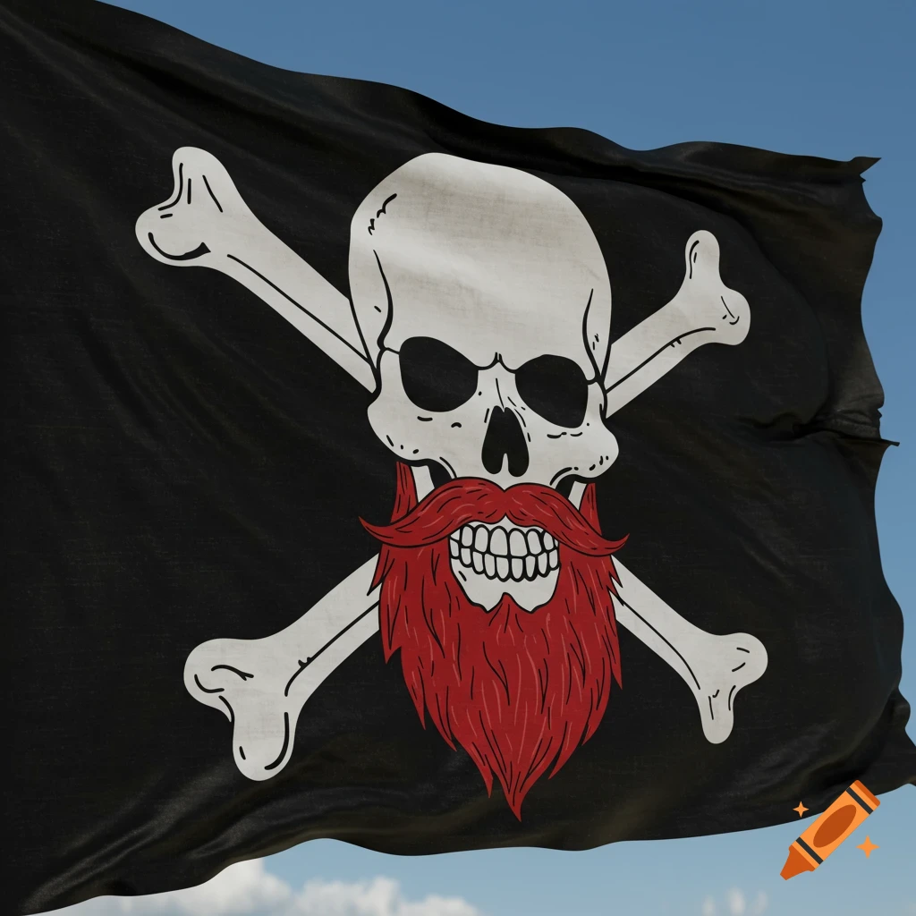 A black Jolly Roger pirate flag with a white skull, crossbones, and a red beard waves against a blue sky.