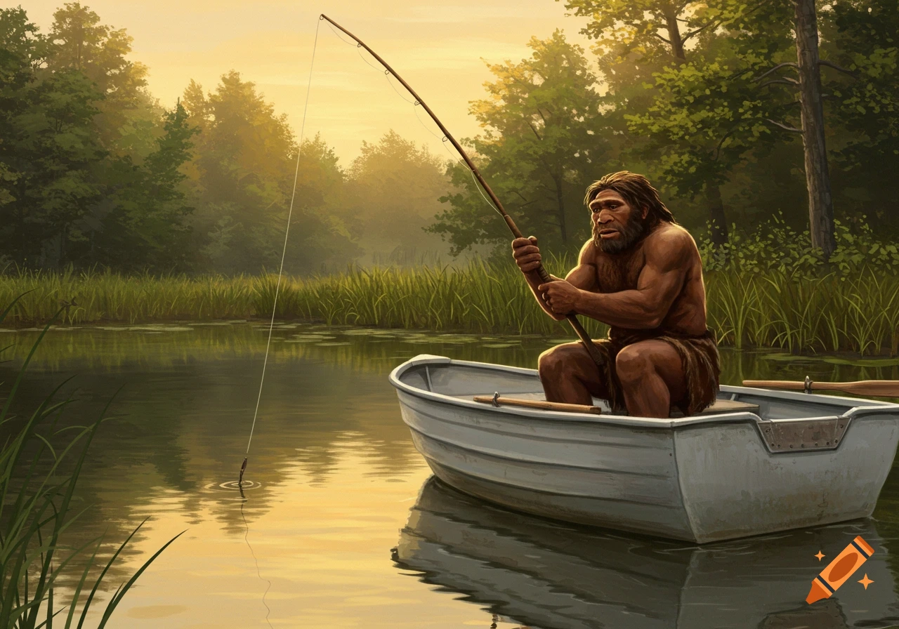 A rugged Neanderthal man in a loincloth sits in a small boat on calm water, fishing with a rod amidst a serene, sunlit forest.