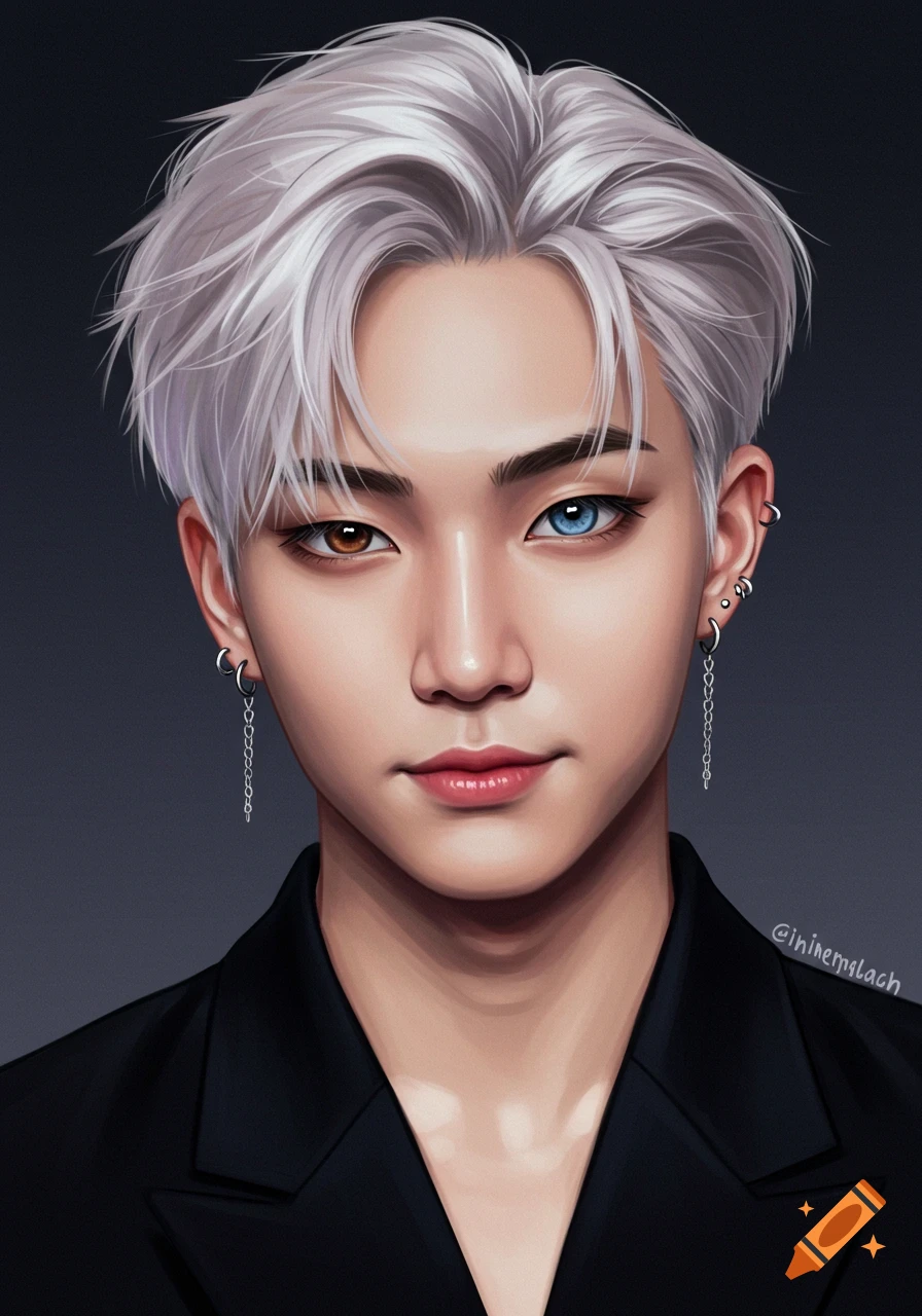 Digital painting of a young Asian man with platinum blonde hair, heterochromia (brown and blue eyes), in a black suit with earrings.