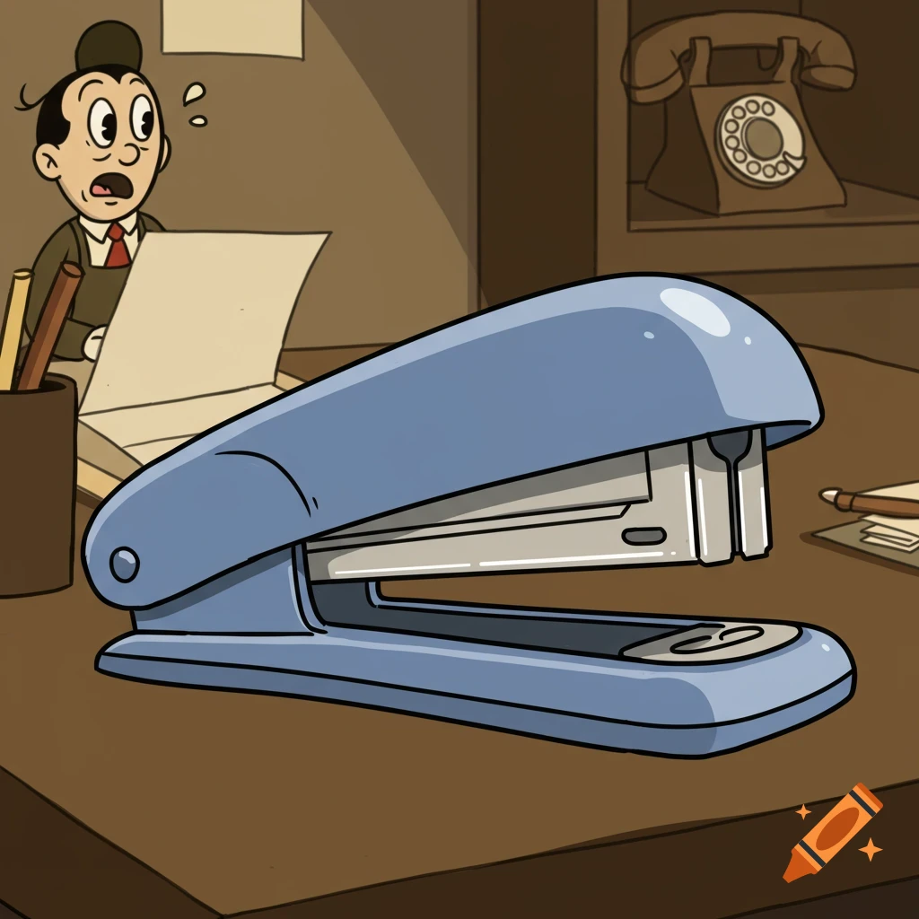 A periwinkle stapler on a desk in a 1930s cartoon style, with a surprised man and a vintage telephone in the background.