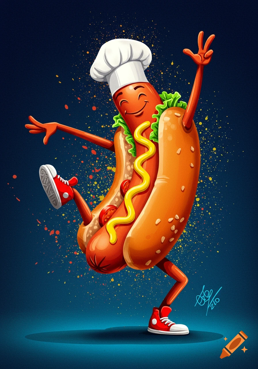 A happy, cartoon hot dog character wearing a chef's hat and red sneakers dances playfully against a dark blue background with colorful splatters.