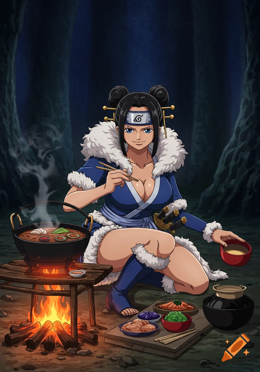 An anime woman with black hair in a fur-lined blue ninja outfit cooks a meal over a campfire in a forest, holding chopsticks.
