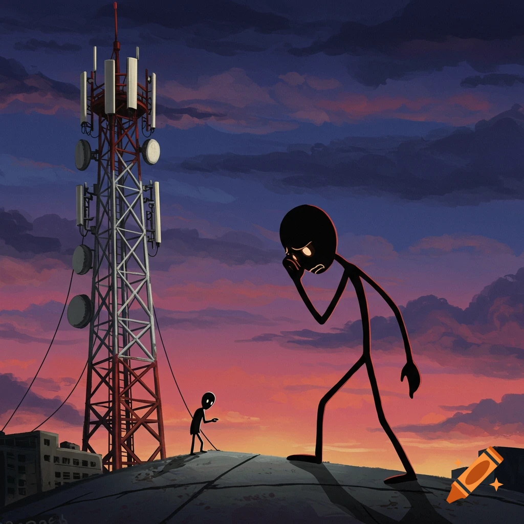 A giant, distressed stick figure looms over a small stick figure on a rooftop with a cell tower at sunset.
