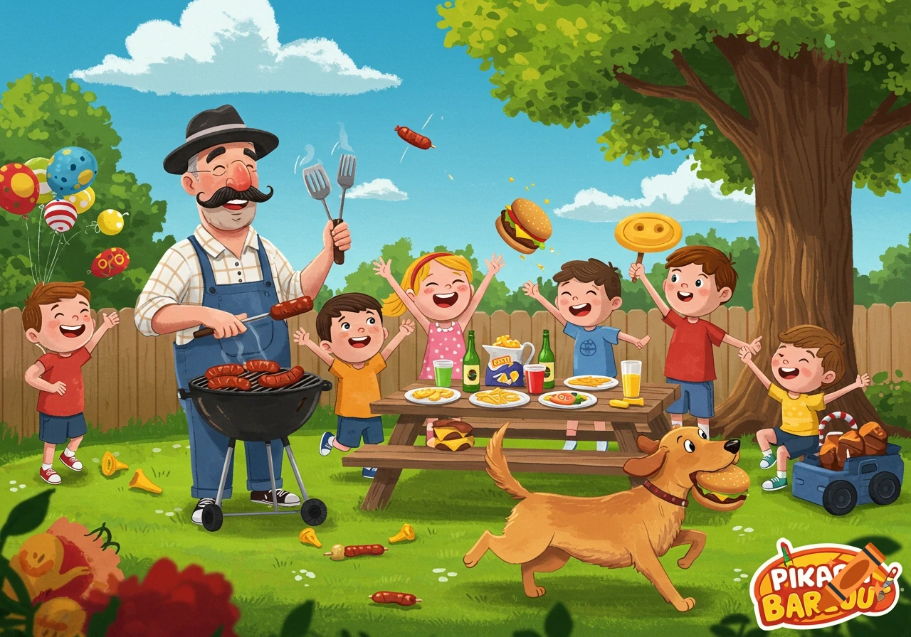 A vibrant cartoon shows a family barbecue in a sunny backyard, with a man grilling, children playing, and a dog running with a burger in its mouth.