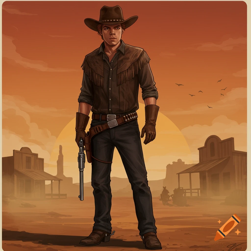 Stylized illustration of a cowboy standing in a dusty Western town at sunset, holding a revolver.