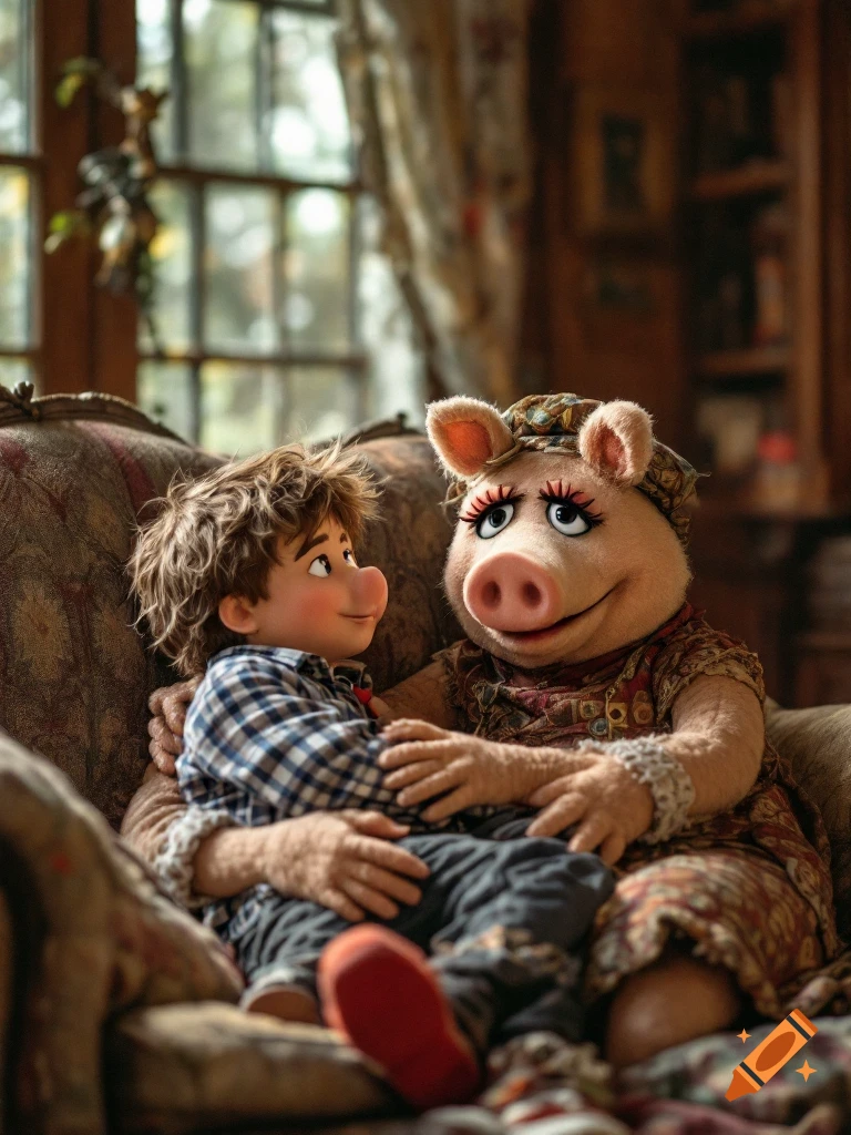 Photorealistic image of Miss Piggy holding a boy on her lap on a couch in a wood-paneled room.