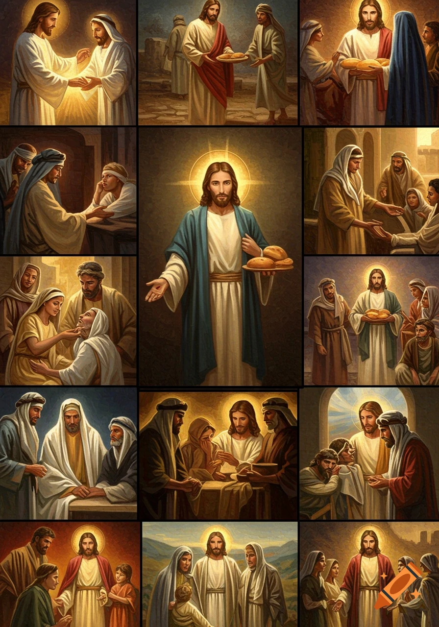 A collage of painted scenes depicting Jesus serving and interacting with various people.