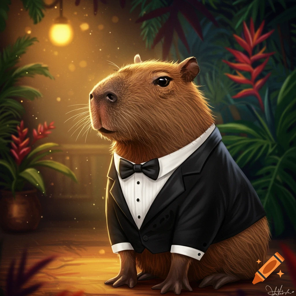 A capybara wearing a black tuxedo and bow tie sits in a dimly lit, lush jungle-like setting with warm lighting.