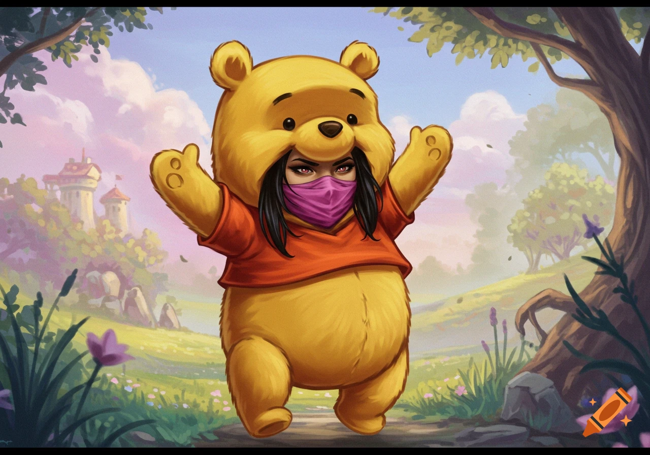 A masked woman in a Winnie the Pooh costume stands in a colorful, whimsical landscape with a castle and trees, in an illustrative style.