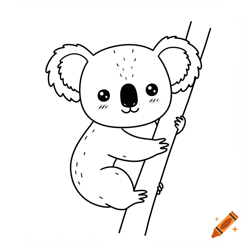 A cute, black and white outline drawing of a koala smiling while clinging to a tree branch.