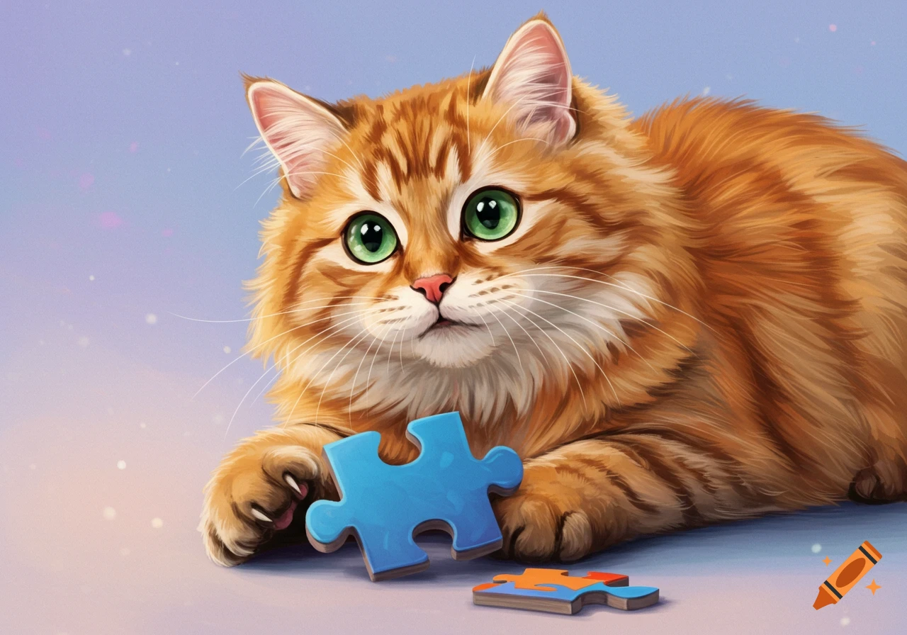 An adorable orange cat with green eyes plays with a blue puzzle piece on a soft purple and blue background.